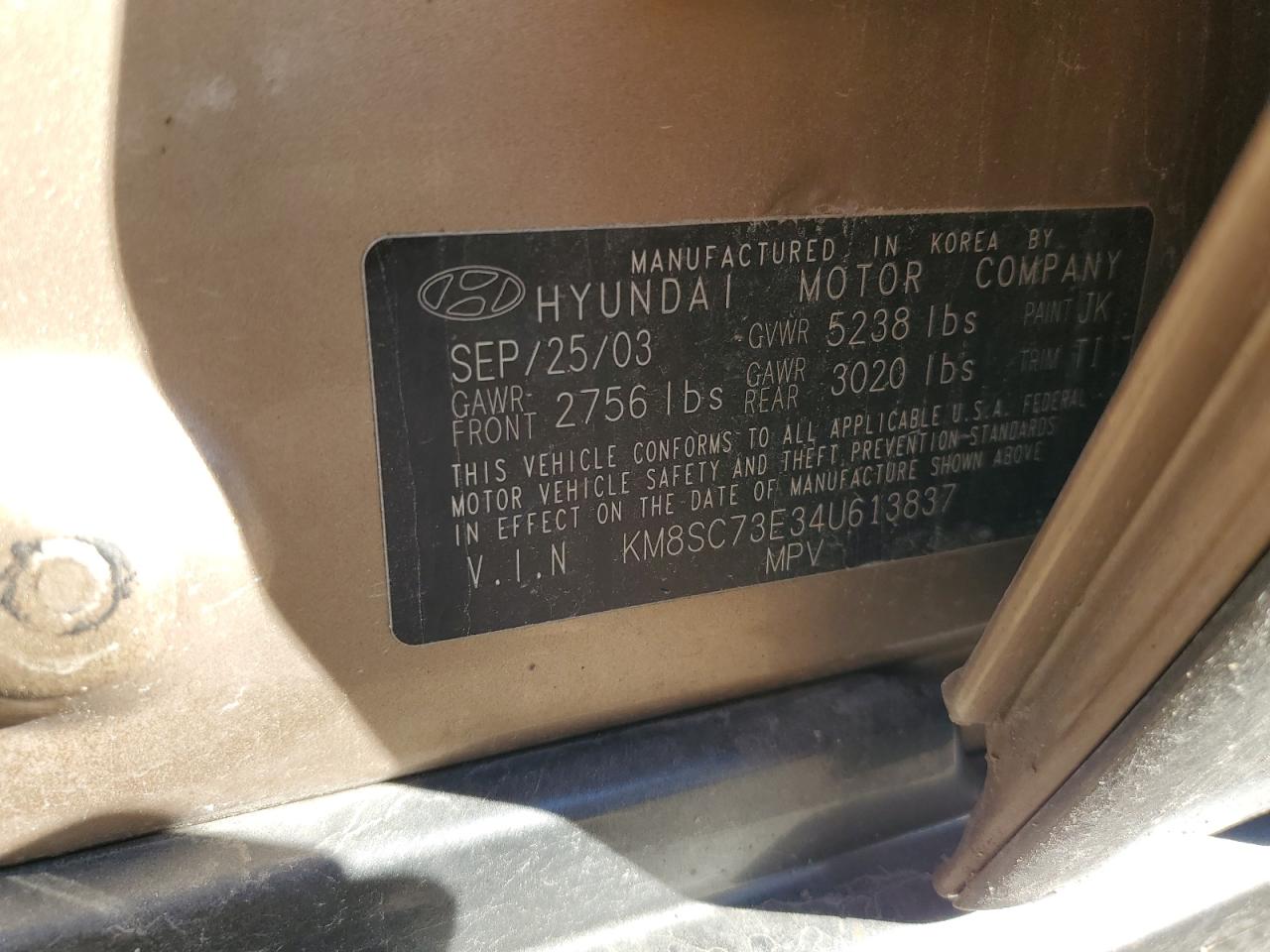 2004 Hyundai Santa Fe Gls VIN: KM8SC73E34U613837 Lot: 90113475