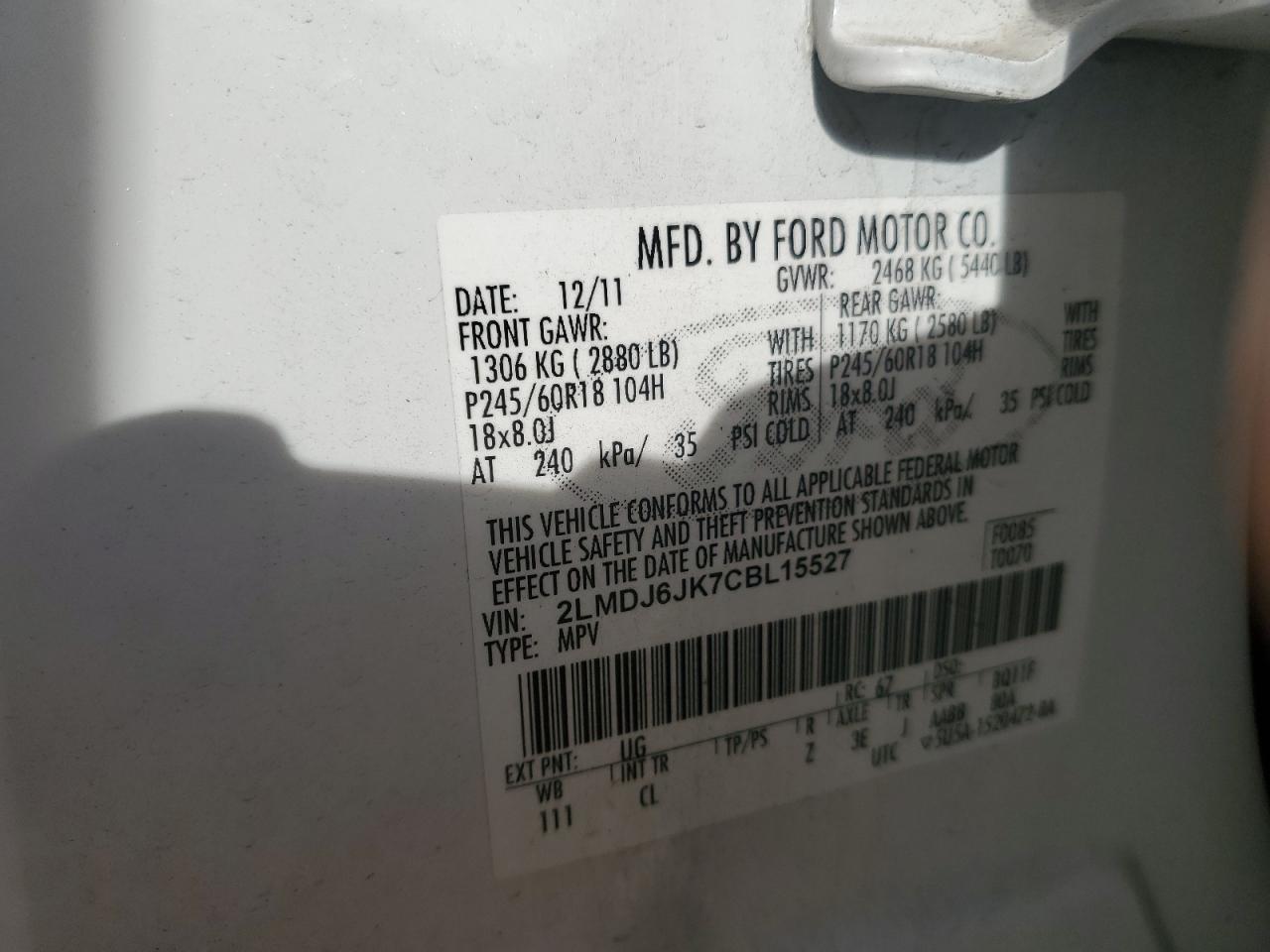 2012 Lincoln Mkx VIN: 2LMDJ6JK7CBL15527 Lot: 91556555