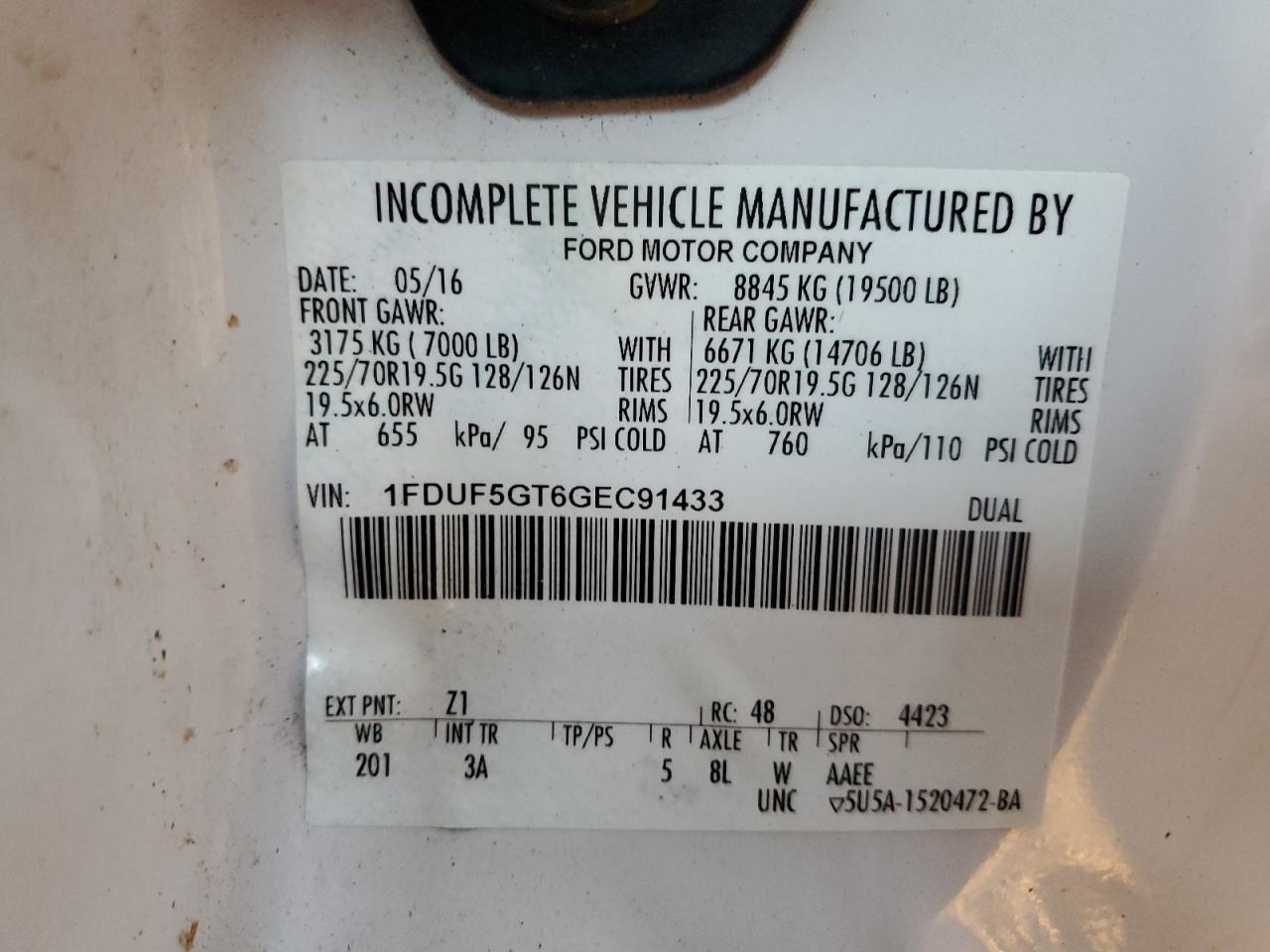 2016 Ford F550 Super Duty VIN: 1FDUF5GT6GEC91433 Lot: 90799795