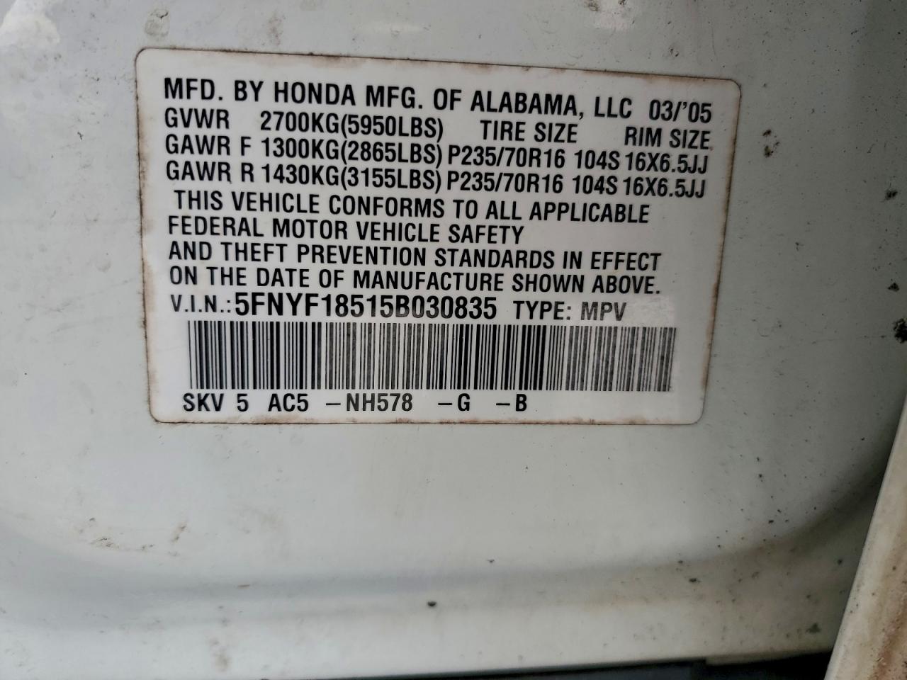 2005 Honda Pilot Exl VIN: 5FNYF18515B030835 Lot: 94224905