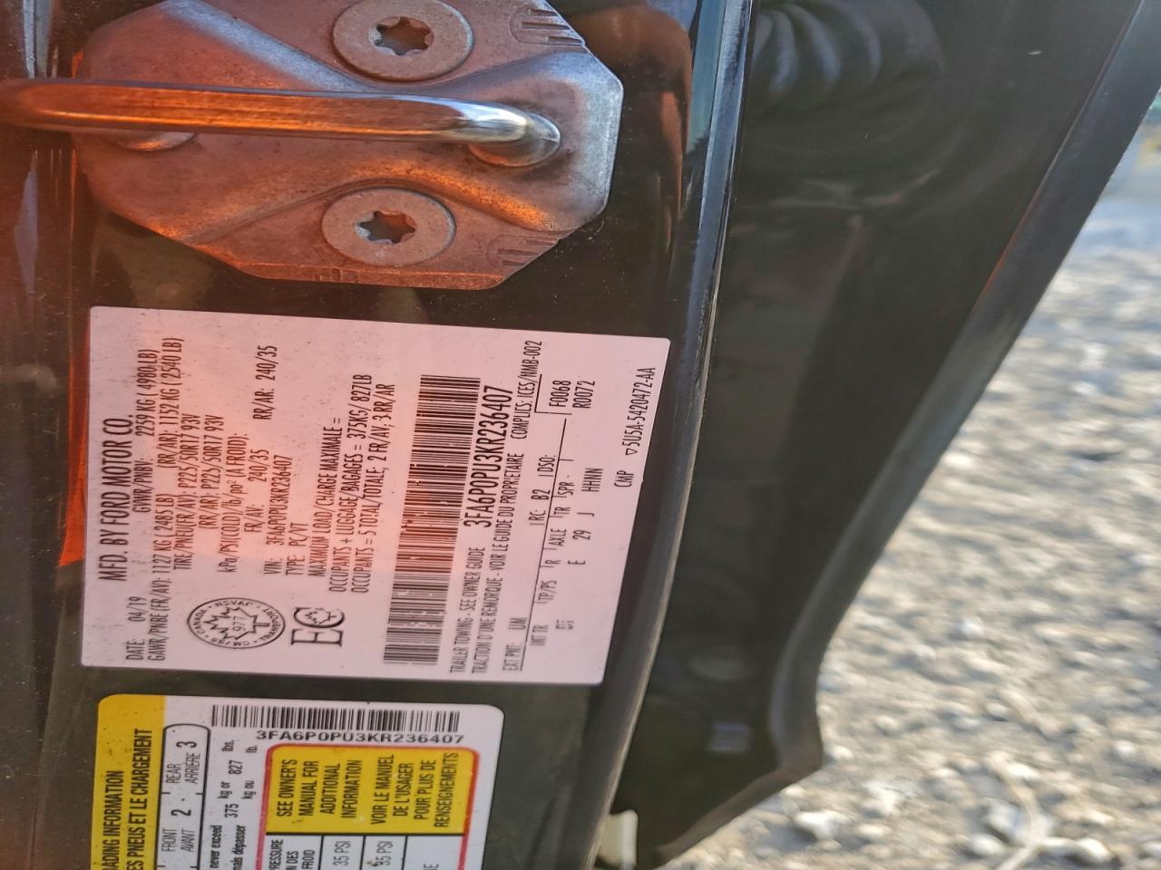 2019 Ford Fusion Sel VIN: 3FA6P0PU3KR236407 Lot: 93949455