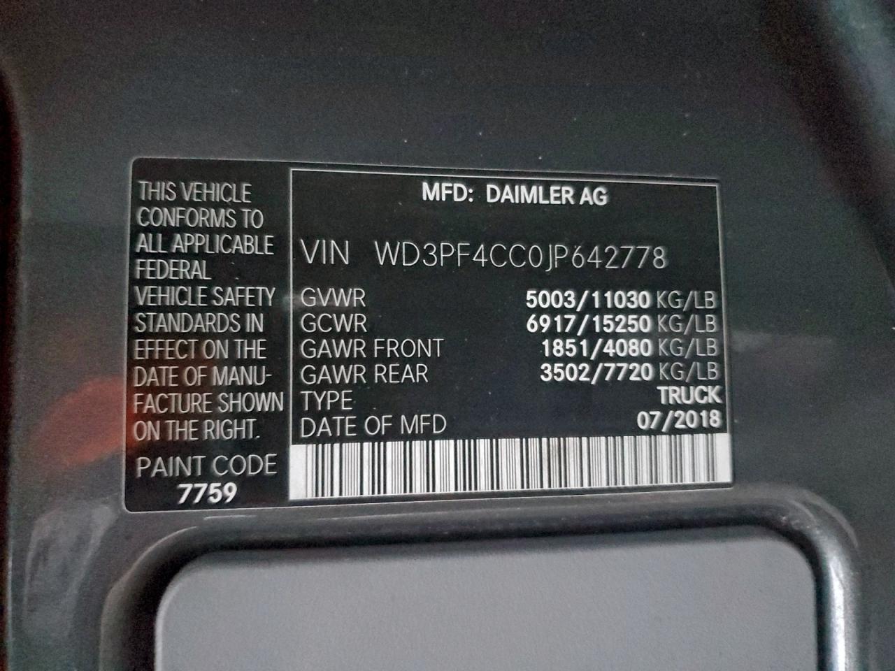 2018 Mercedes-Benz Sprinter 3500 VIN: WD3PF4CC0JP642778 Lot: 93067165