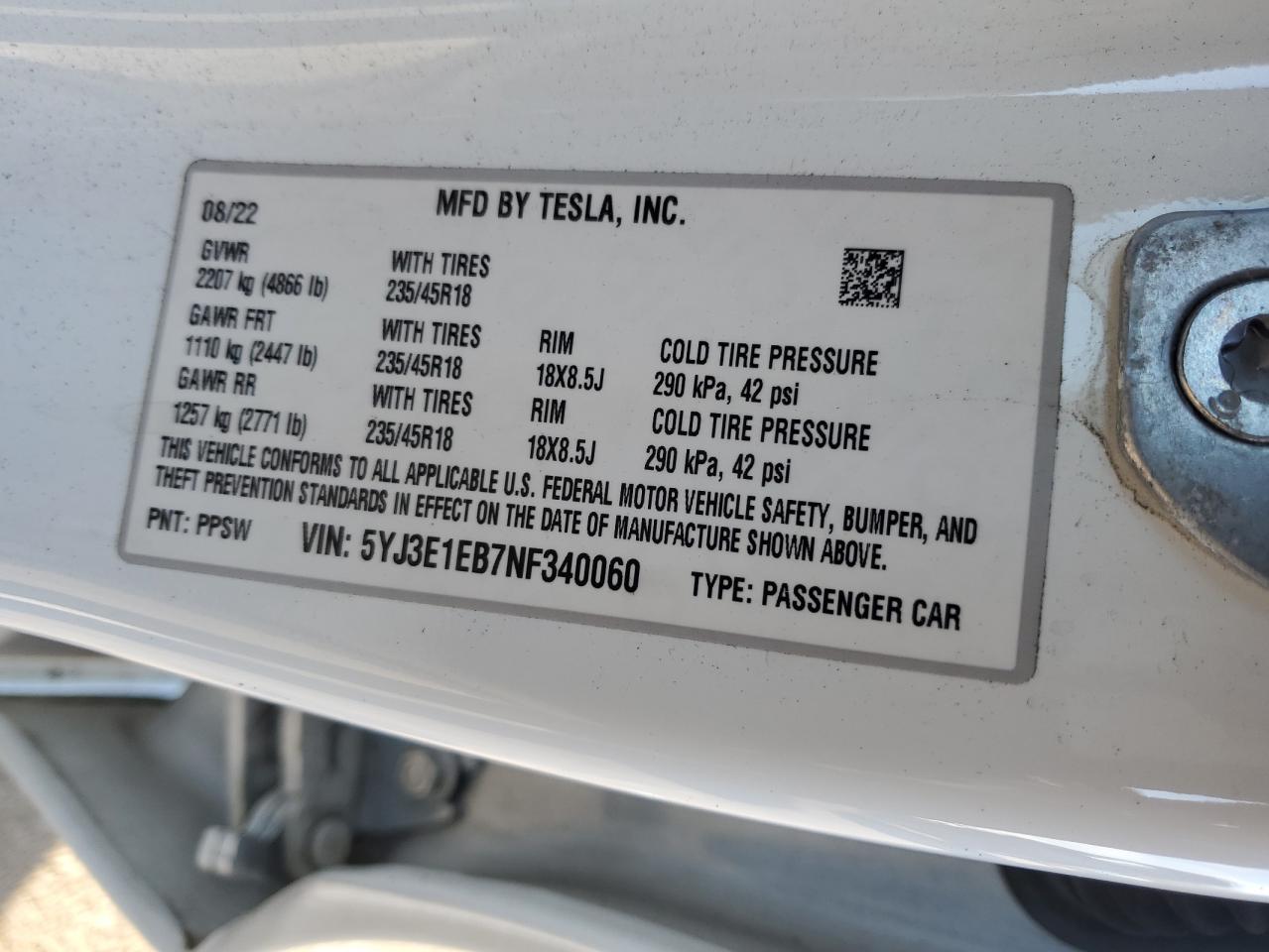 2022 Tesla Model 3 VIN: 5YJ3E1EB7NF340060 Lot: 93306945