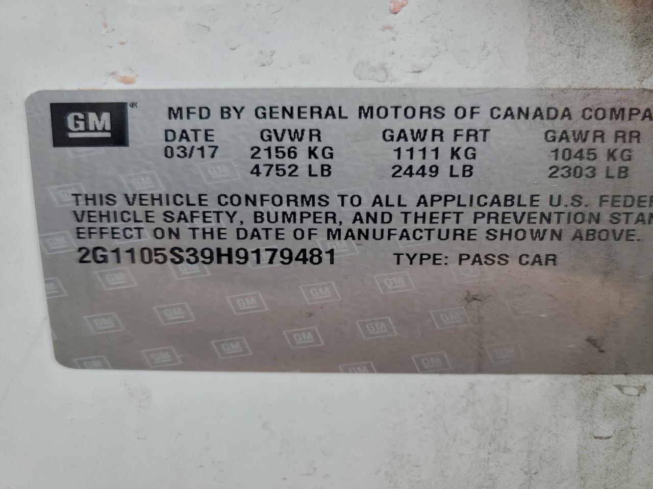 2017 Chevrolet Impala Lt VIN: 179481 Lot: 95345665