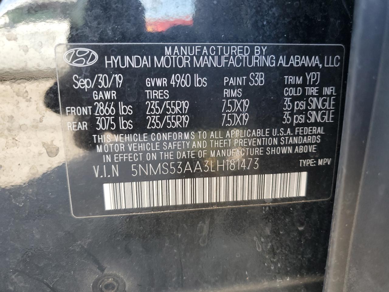 2020 Hyundai Santa Fe Limited VIN: 5NMS53AA3LH181473 Lot: 93062505