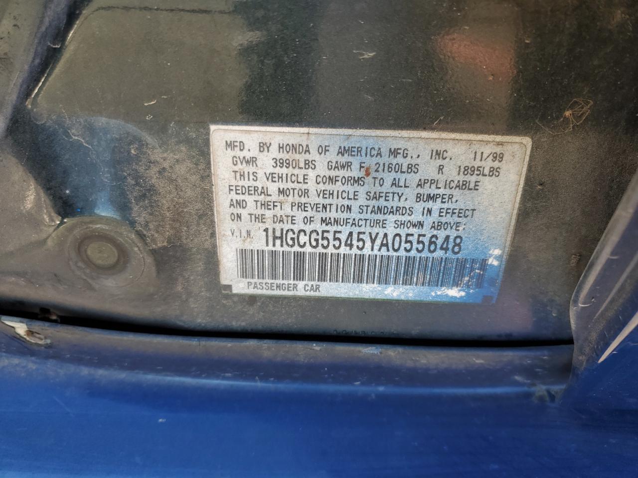 2000 Honda Accord Lx VIN: 1HGCG5545YA055648 Lot: 92034025