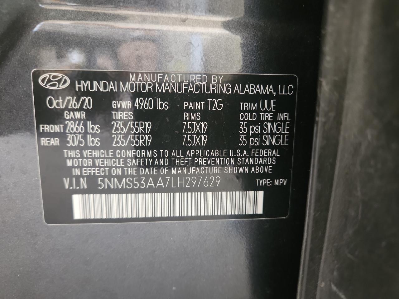 2020 Hyundai Santa Fe Limited VIN: 5NMS53AA7LH297629 Lot: 92129515