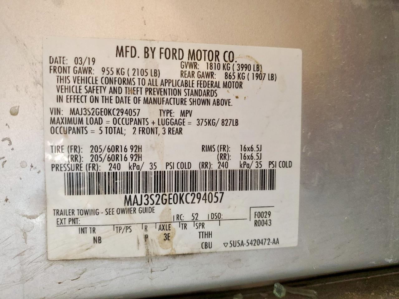 2019 Ford Ecosport Se VIN: MAJ3S2GE0KC294057 Lot: 91935425