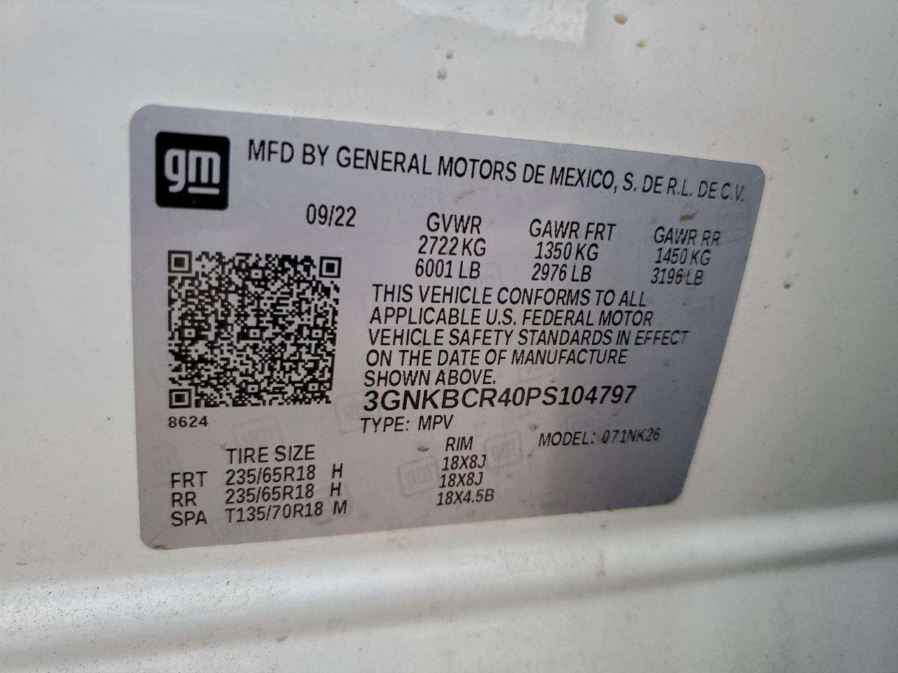 2023 Chevrolet Blazer 2Lt VIN: 3GNKBCR40PS104797 Lot: 93629485