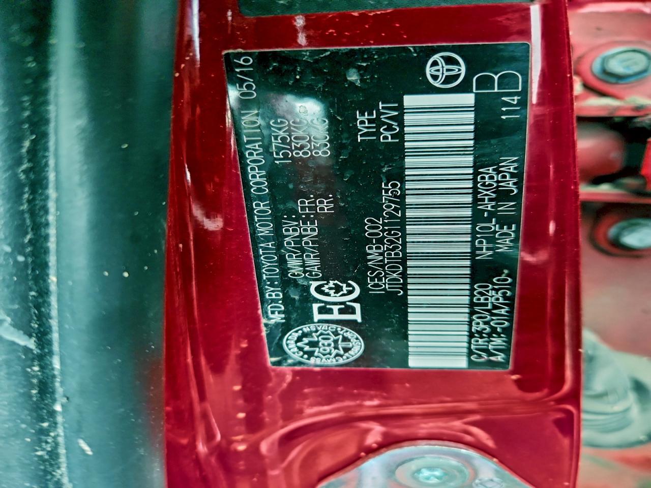 2016 Toyota Prius C VIN: JTDKDTB32G1129755 Lot: 93060855