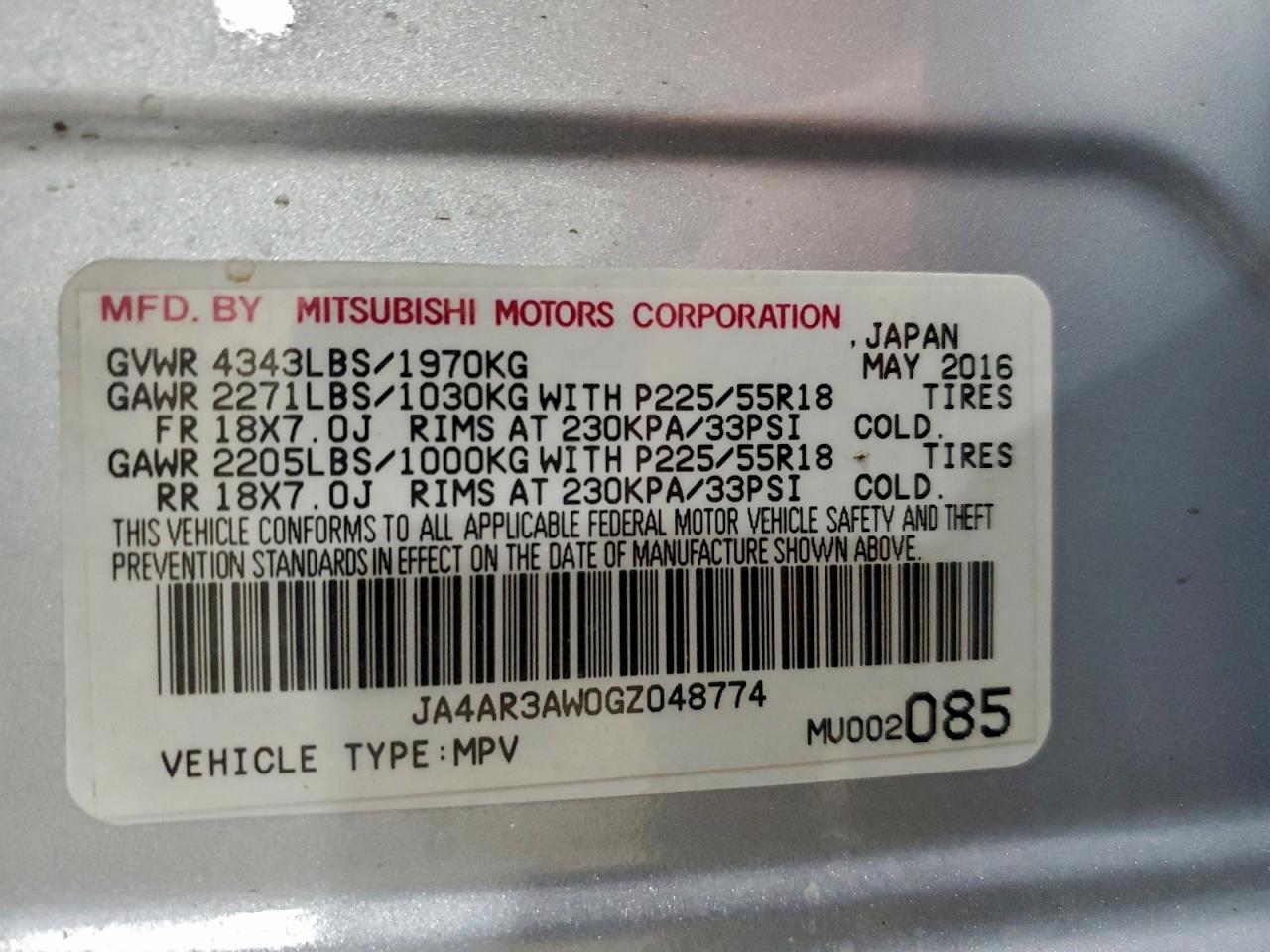 2016 Mitsubishi Outlander Sport Es VIN: JA4AR3AW0GZ048774 Lot: 93836015