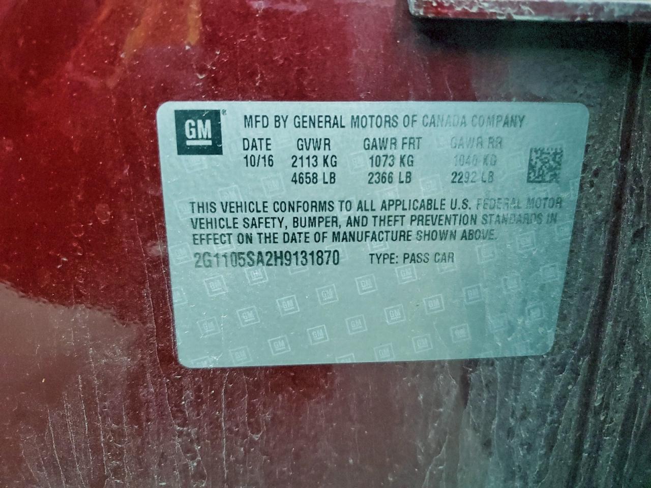 2017 Chevrolet Impala Lt VIN: 2G1105SA2H9131870 Lot: 92619555