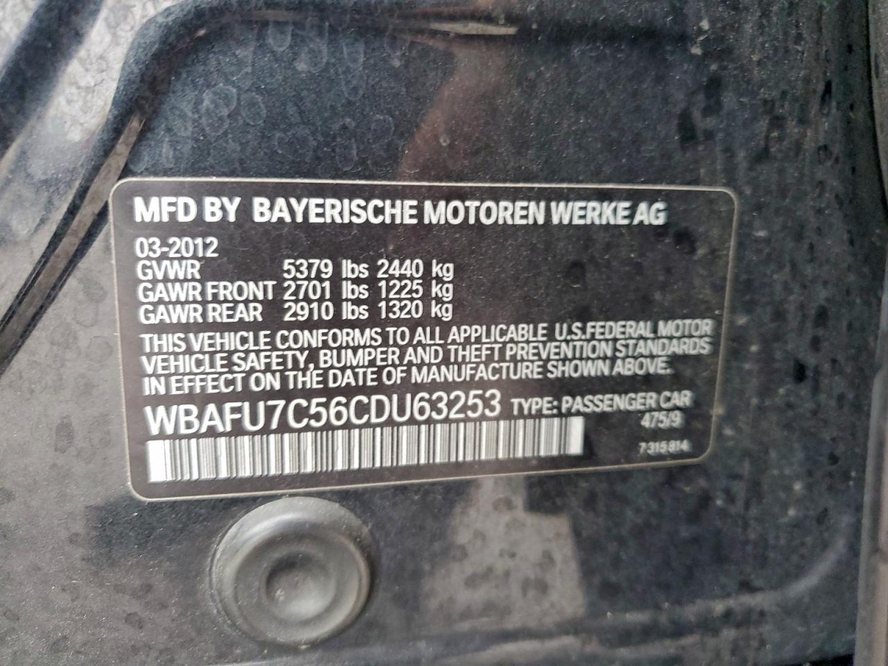 2012 BMW 535 Xi VIN: WBAFU7C56CDU63253 Lot: 94503675