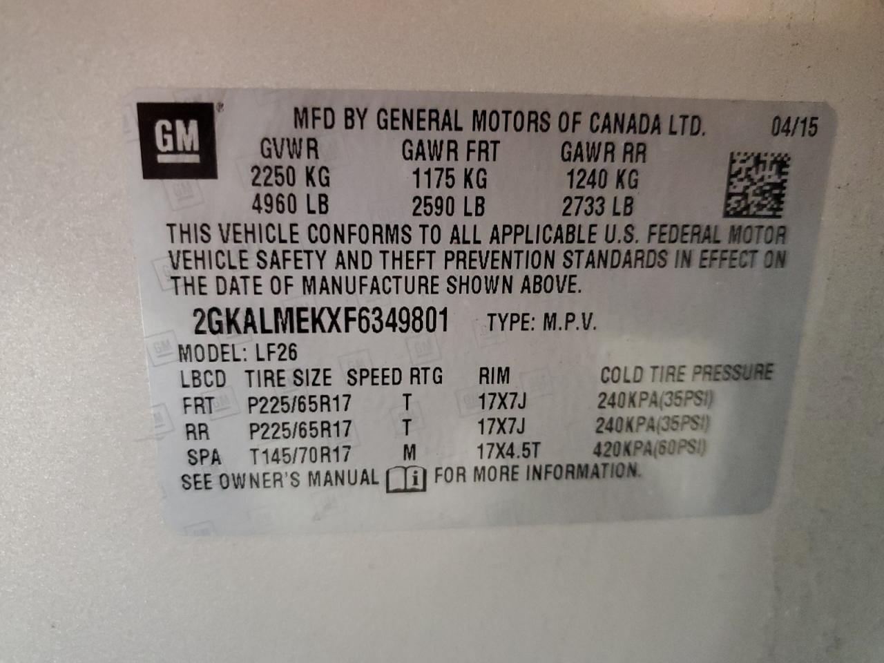 2015 GMC Terrain Sle VIN: 2GKALMEKXF6349801 Lot: 91564415
