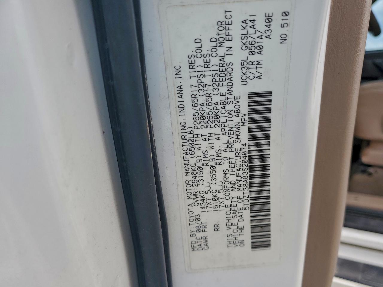 2003 Toyota Sequoia Limited VIN: 5TDZT38A83S204074 Lot: 93889015