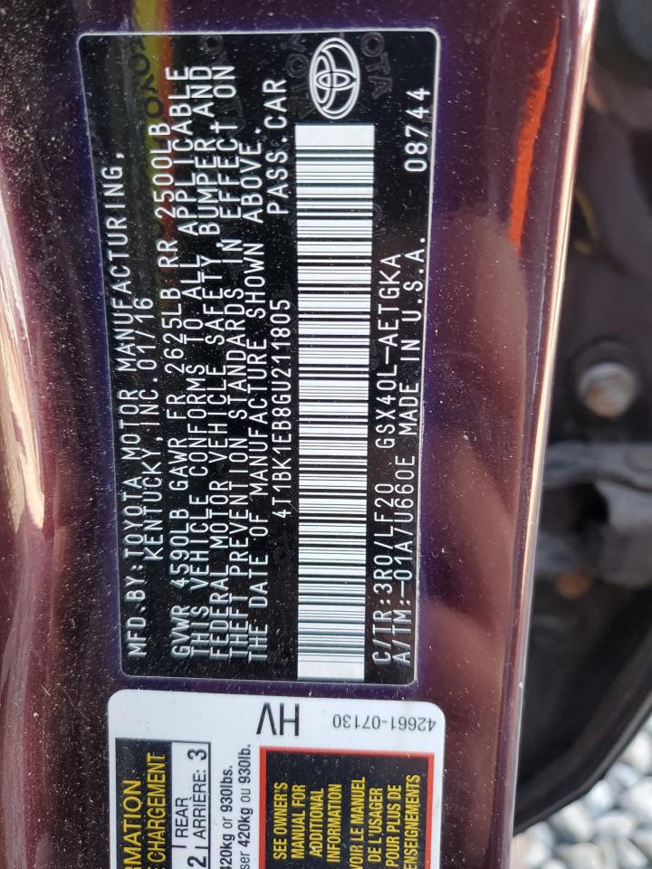 2016 Toyota Avalon Xle VIN: 4T1BK1EB8GU211805 Lot: 91832535