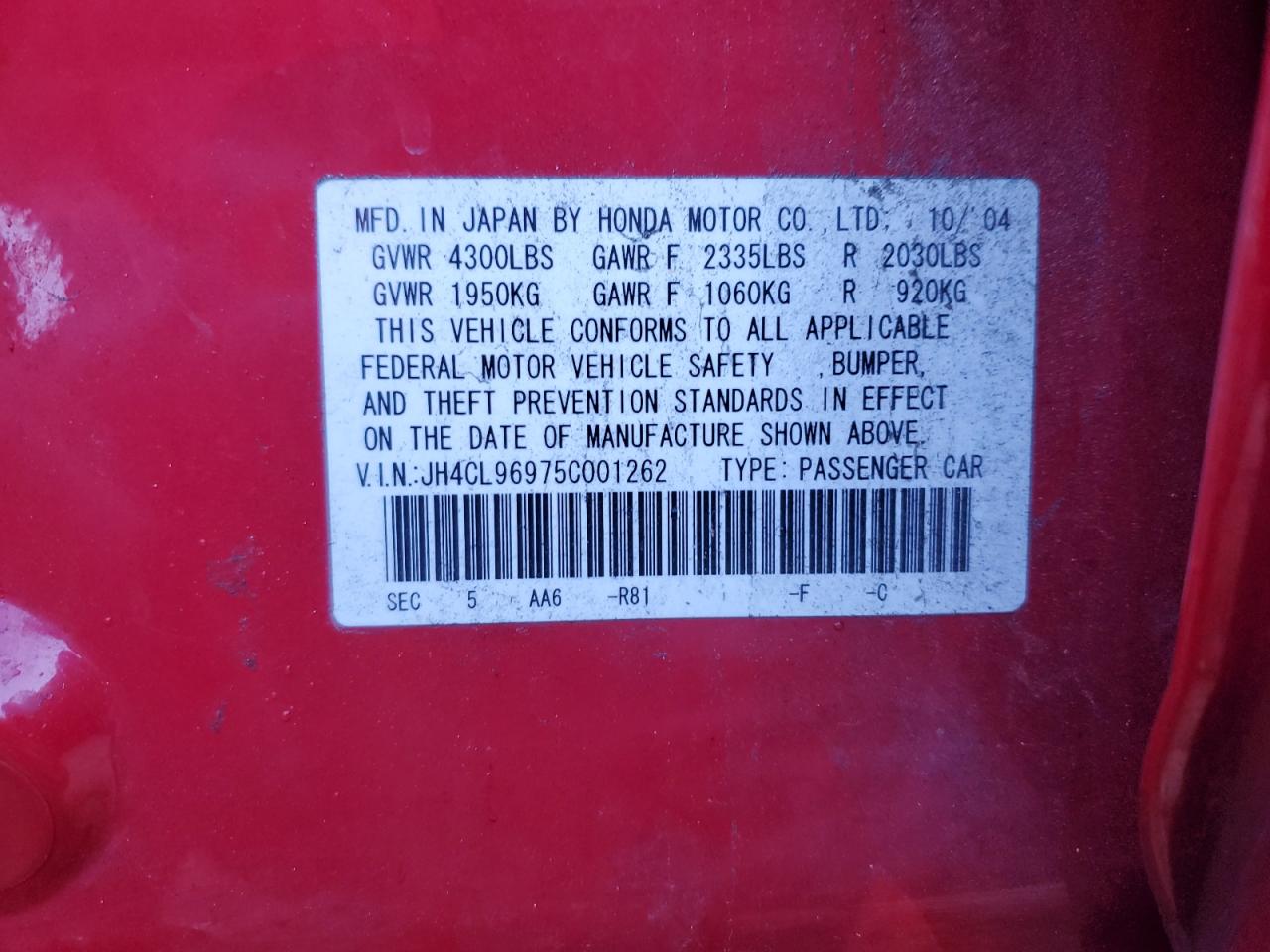 2005 Acura Tsx VIN: JH4CL96975C001262 Lot: 92922405