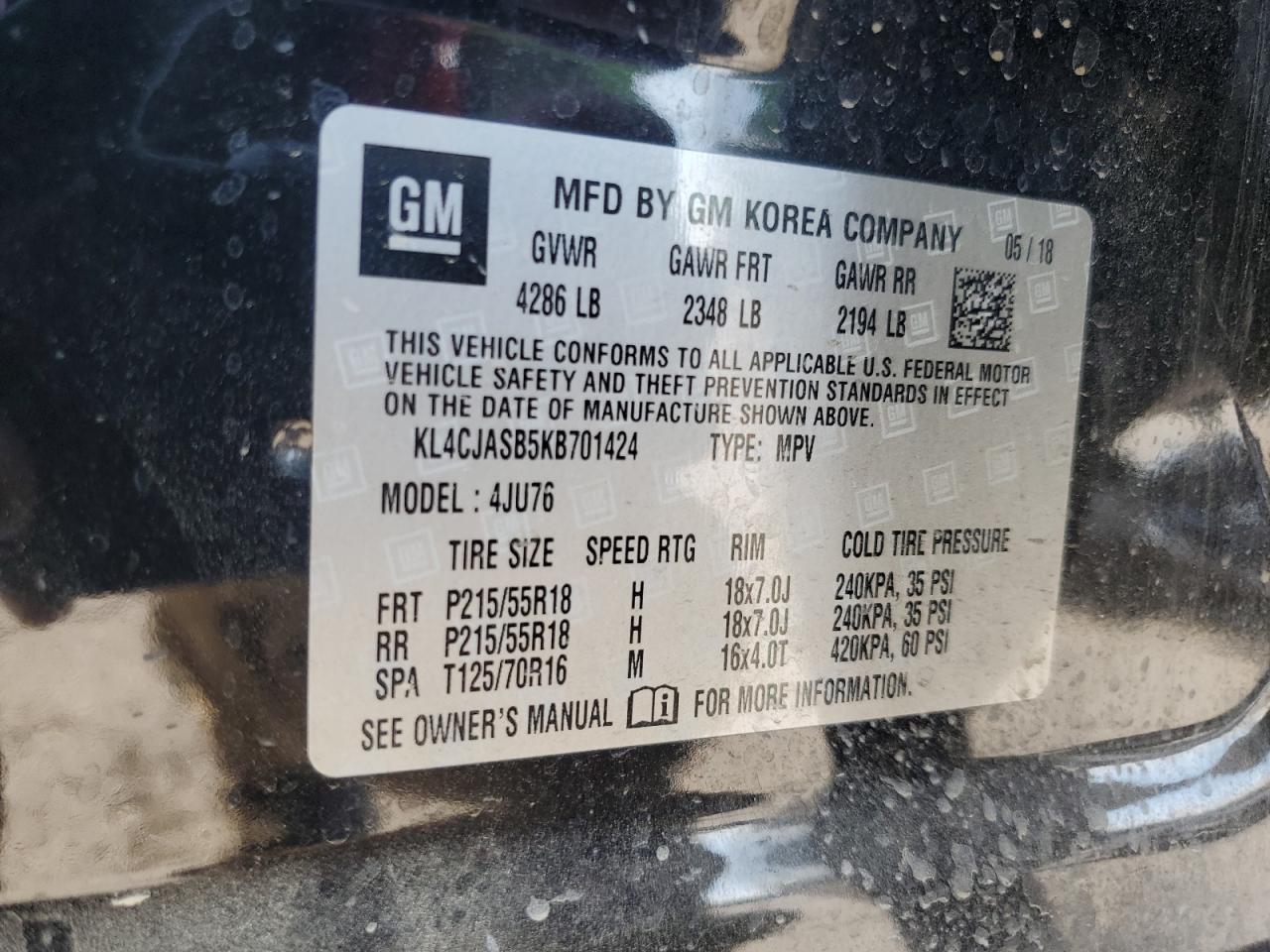 2019 Buick Encore Preferred VIN: KL4CJASB5KB701424 Lot: 91145075