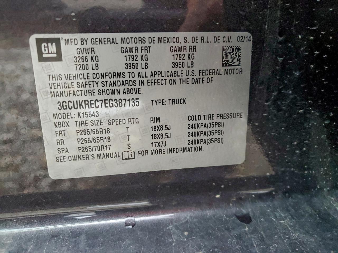 2014 Chevrolet Silverado K1500 Lt VIN: 3GCUKREC7EG387135 Lot: 94468195