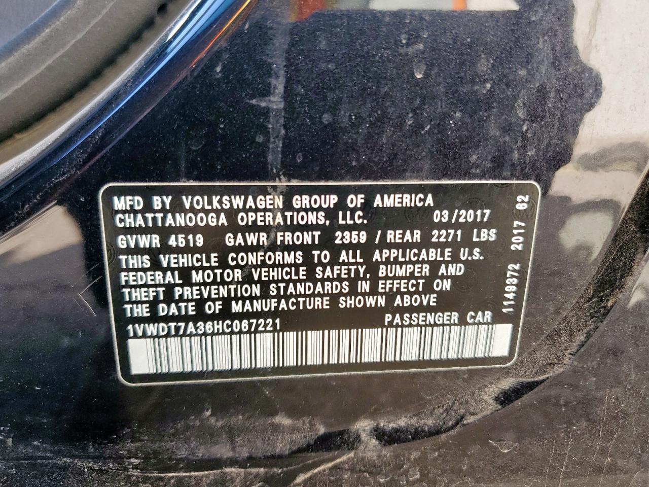 2017 Volkswagen Passat R-Line VIN: 1VWDT7A36HC067221 Lot: 92859095