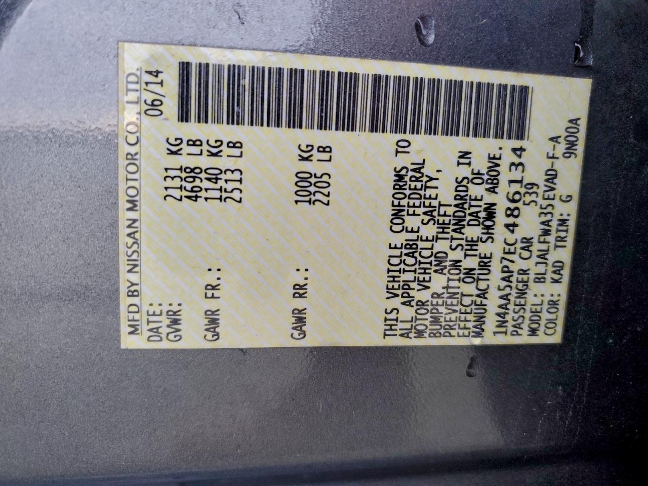 2014 Nissan Maxima S VIN: 1N4AA5AP7EC486134 Lot: 94651575