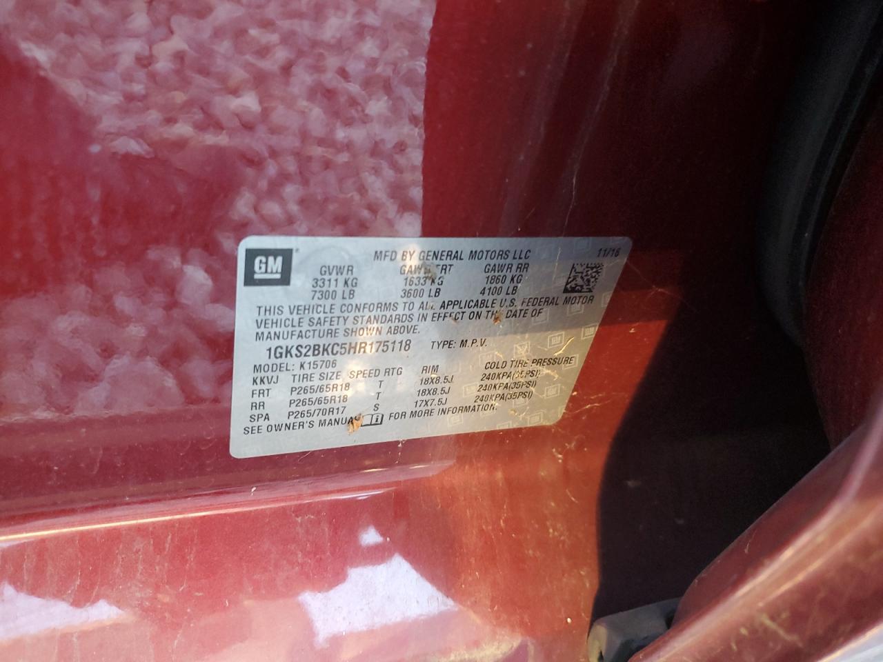 2017 GMC Yukon Slt VIN: 1GKS2BKC5HR175118 Lot: 91824085