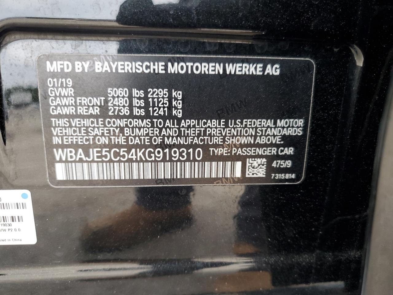 2019 BMW 540 I VIN: WBAJE5C54KG919310 Lot: 92875595