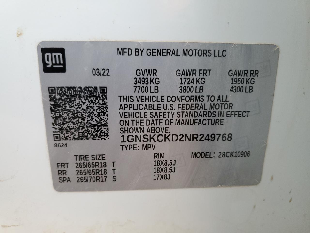 2022 Chevrolet Suburban K1500 Lt VIN: 1GNSKCKD2NR249768 Lot: 91406505