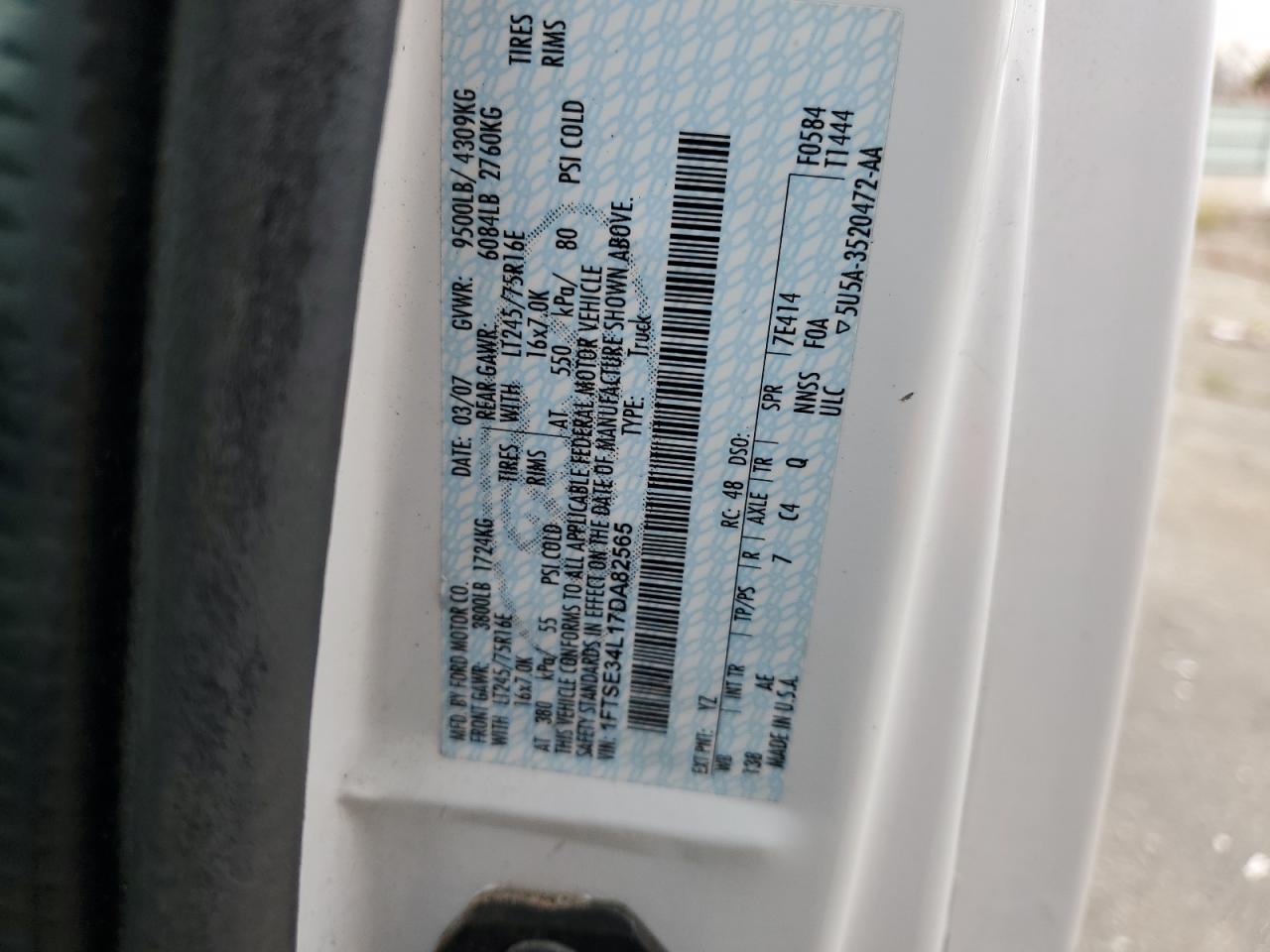 2007 Ford E350 Utility / Service Van VIN: 1FTSE34L17DA82565 Lot: 90423115