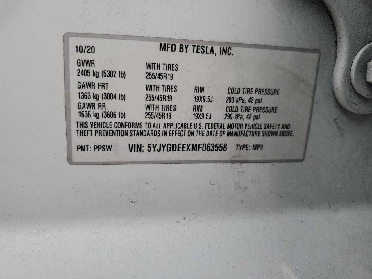 2021 Tesla Model Y VIN: 5YJYGDEEXMF063558 Lot: 91835565