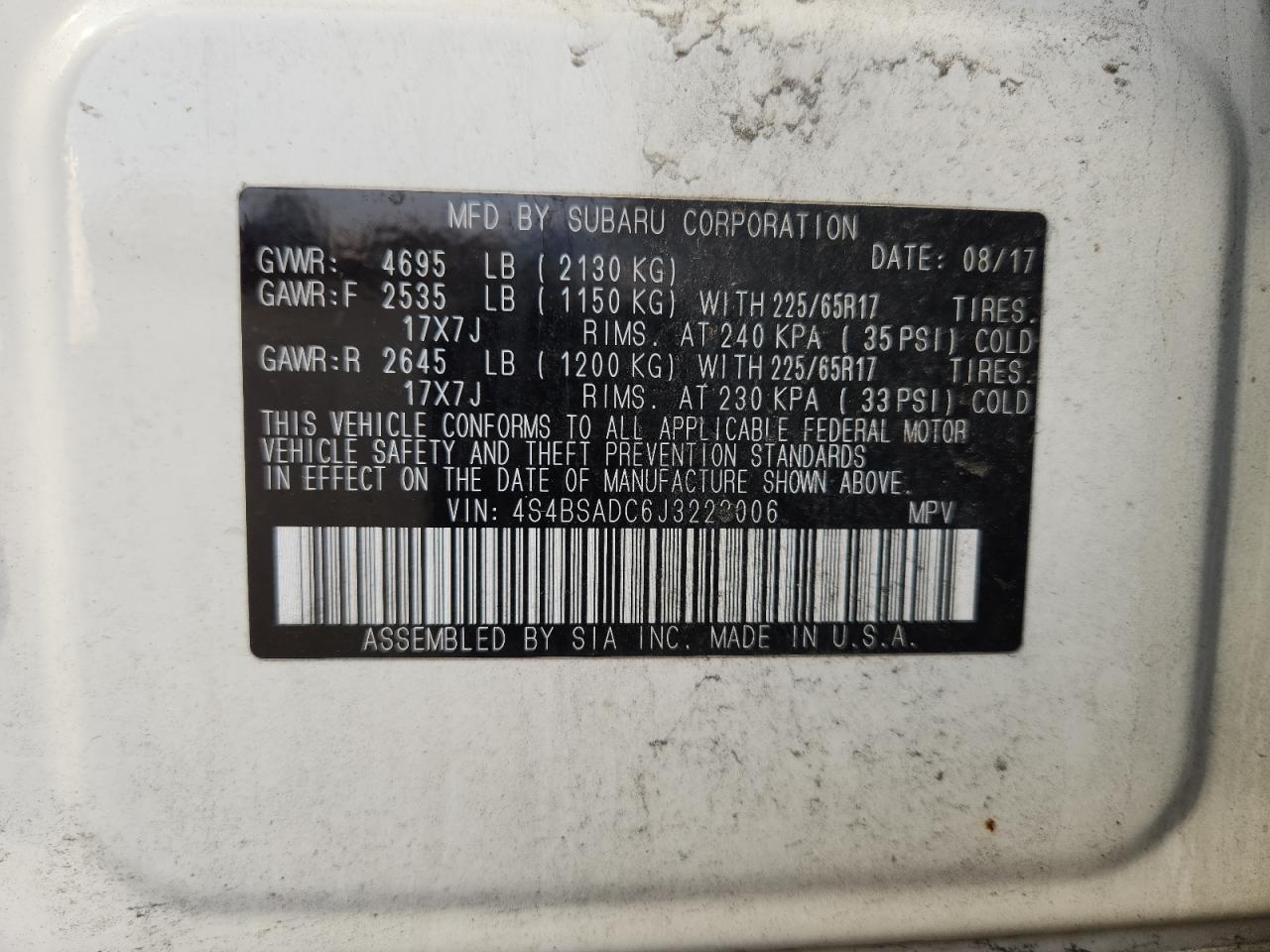 2018 Subaru Outback 2.5I Premium VIN: 4S4BSADC6J3223006 Lot: 93633045