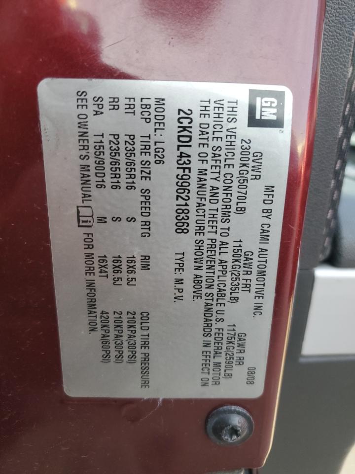2009 Pontiac Torrent VIN: 2CKDL43F996218368 Lot: 91917505