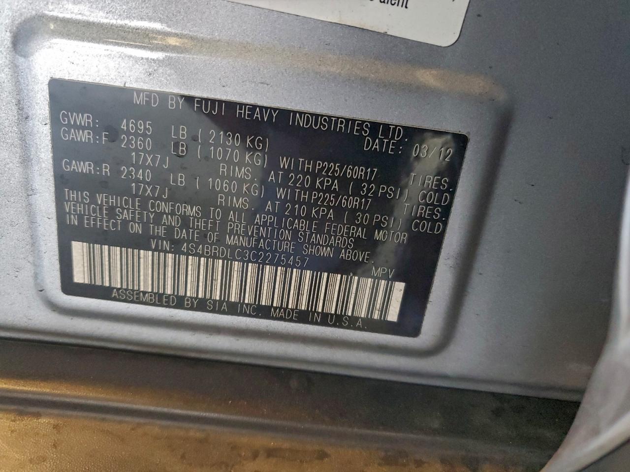 2012 Subaru Outback 3.6R Limited VIN: 4S4BRDLC3C2275457 Lot: 94514785