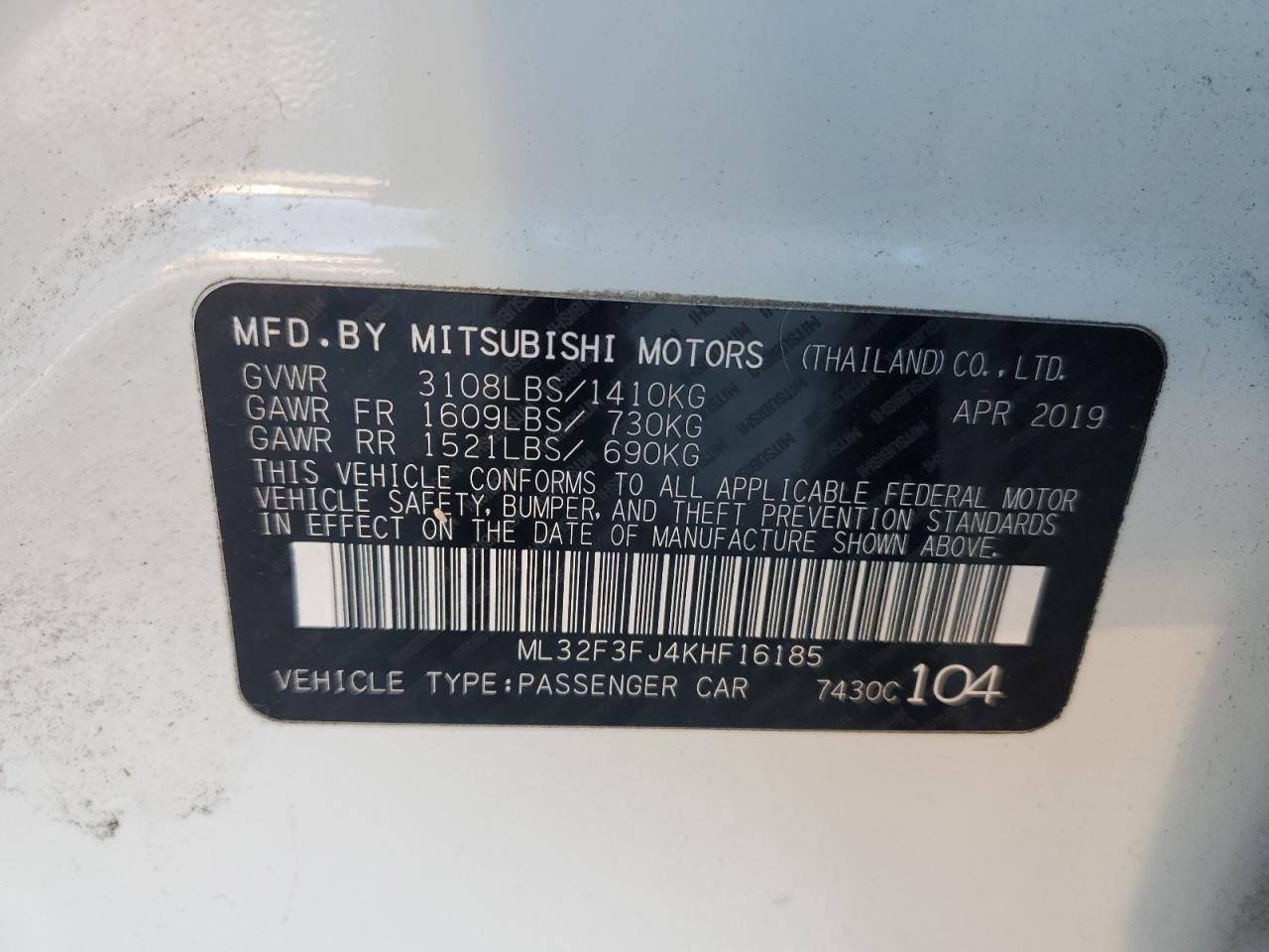 2019 Mitsubishi Mirage G4 Es VIN: ML32F3FJ4KHF16185 Lot: 92986855
