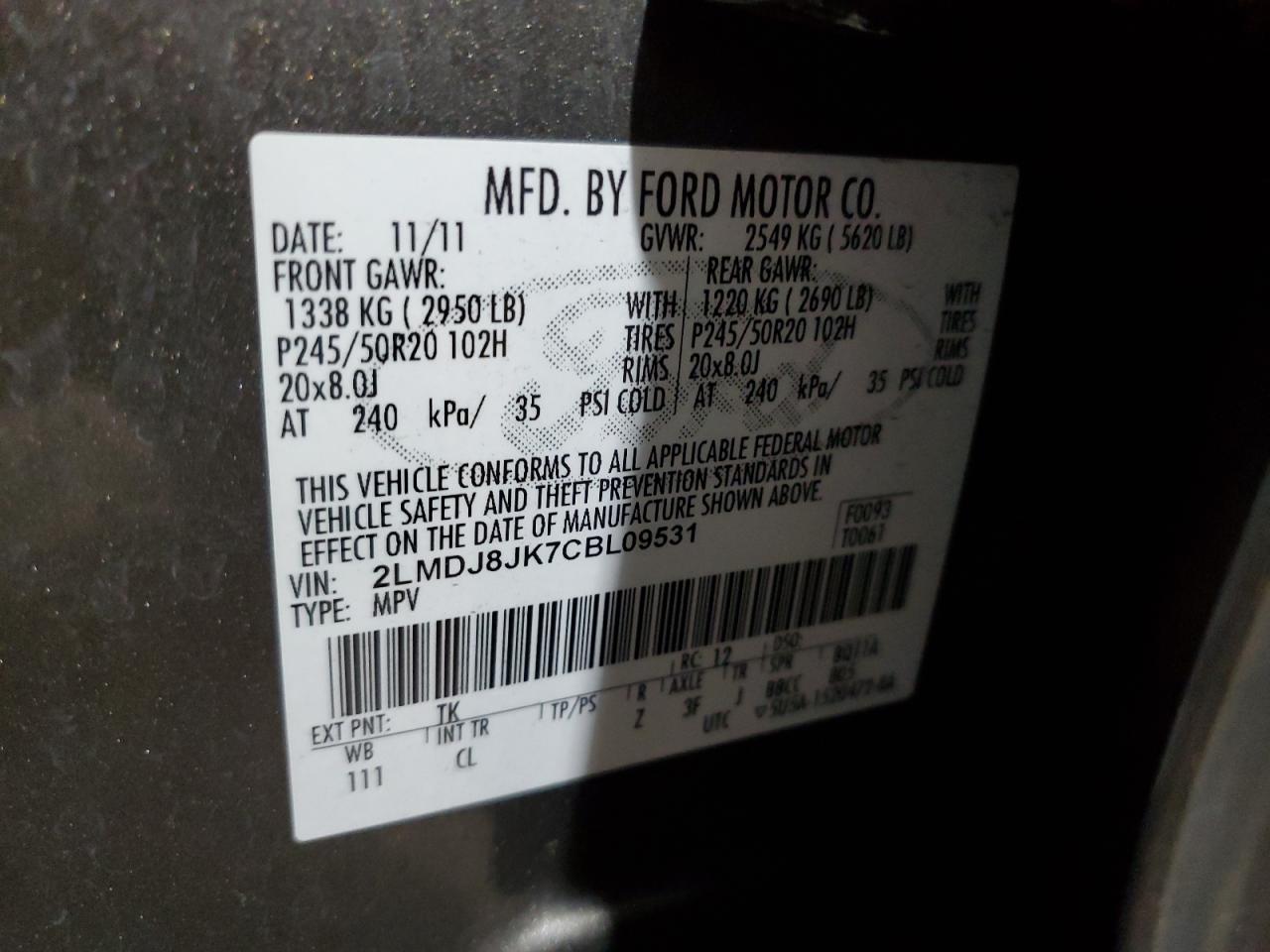 2012 Lincoln Mkx VIN: 2LMDJ8JK7CBL09531 Lot: 90511575