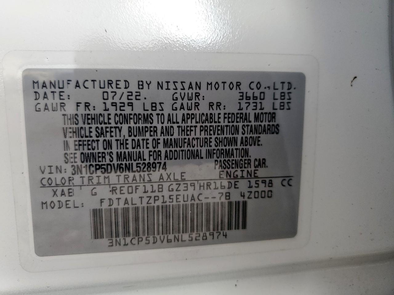 2022 Nissan Kicks Sr VIN: 3N1CP5DV6NL528974 Lot: 91854995