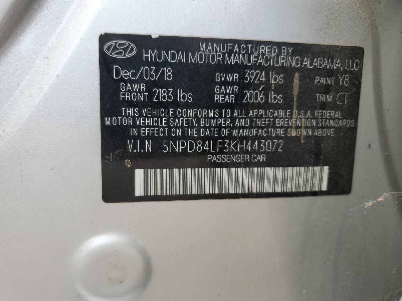 2019 Hyundai Elantra Sel VIN: 5NPD84LF3KH443072 Lot: 93238505