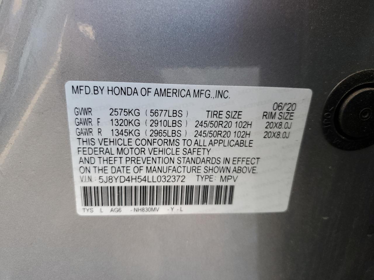 2020 Acura Mdx Technology VIN: 5J8YD4H54LL032372 Lot: 93061035