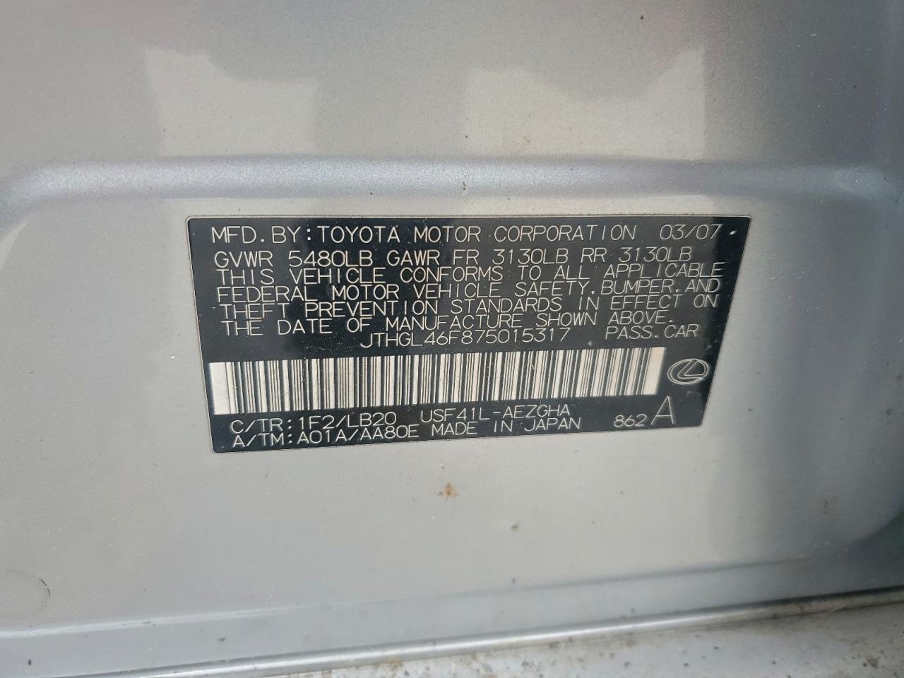 2007 Lexus Ls 460L VIN: JTHGL46F87505317 Lot: 94317095