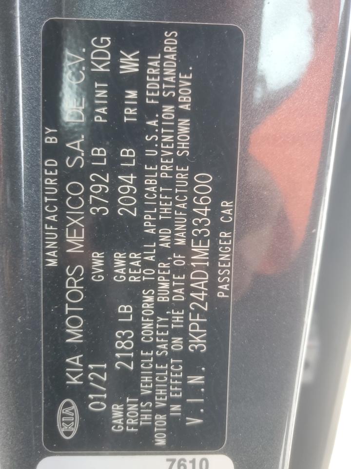 2021 Kia Forte Fe VIN: 3KPF24AD1ME334600 Lot: 91629575