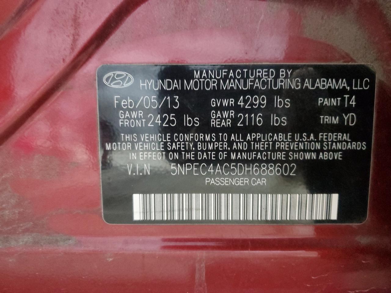 2013 Hyundai Sonata Se VIN: 5NPEC4AC5DH688602 Lot: 93000695