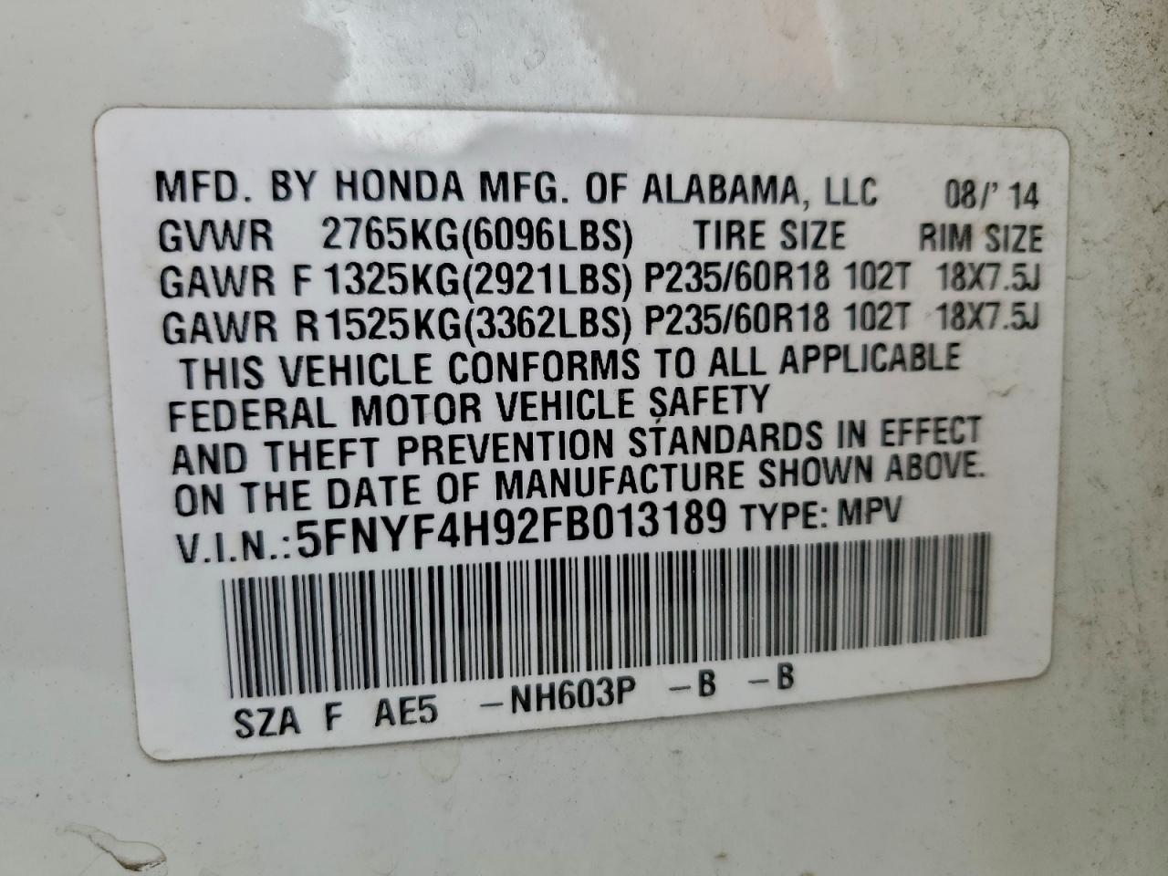 2015 Honda Pilot Touring VIN: 5FNYF4H92FB013189 Lot: 94322575
