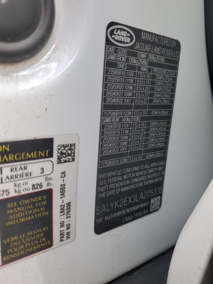 2020 Land Rover Range Rover Velar R-Dynamic S VIN: SALYK2EX3LA275335 Lot: 93089375