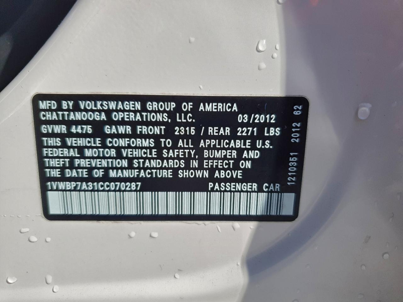 2012 Volkswagen Passat Se VIN: 1VWBP7A31CC070287 Lot: 93894685