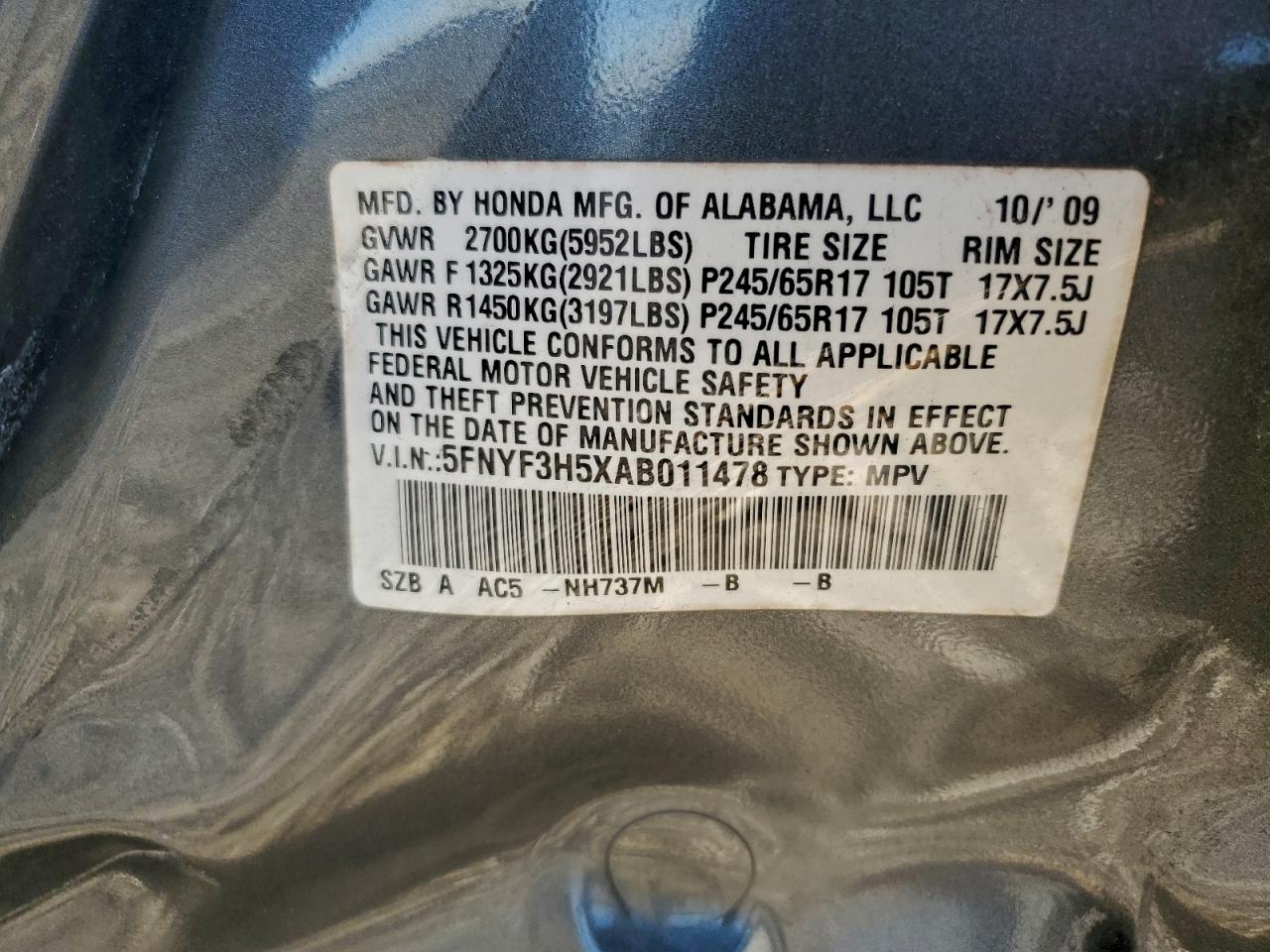 2010 Honda Pilot Exl VIN: 5FNYF3H5XAB011478 Lot: 93522045