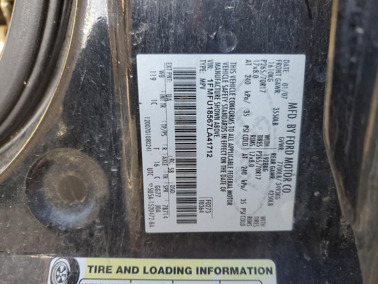 2007 Ford Expedition Eddie Bauer VIN: 1FMFU18567LA41712 Lot: 93143515