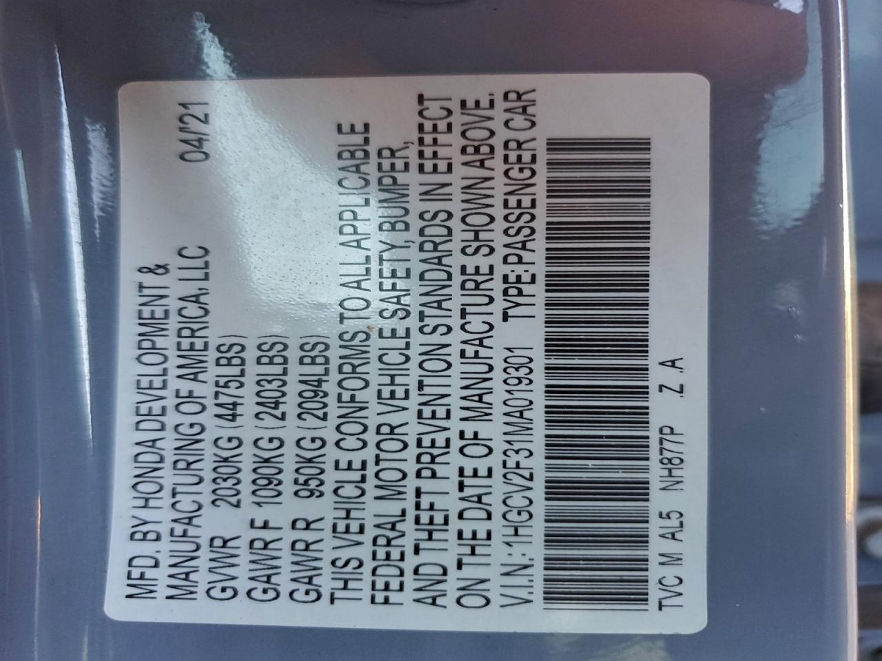 2021 Honda Accord Sport VIN: 1HGCV2F31MA019301 Lot: 93930595