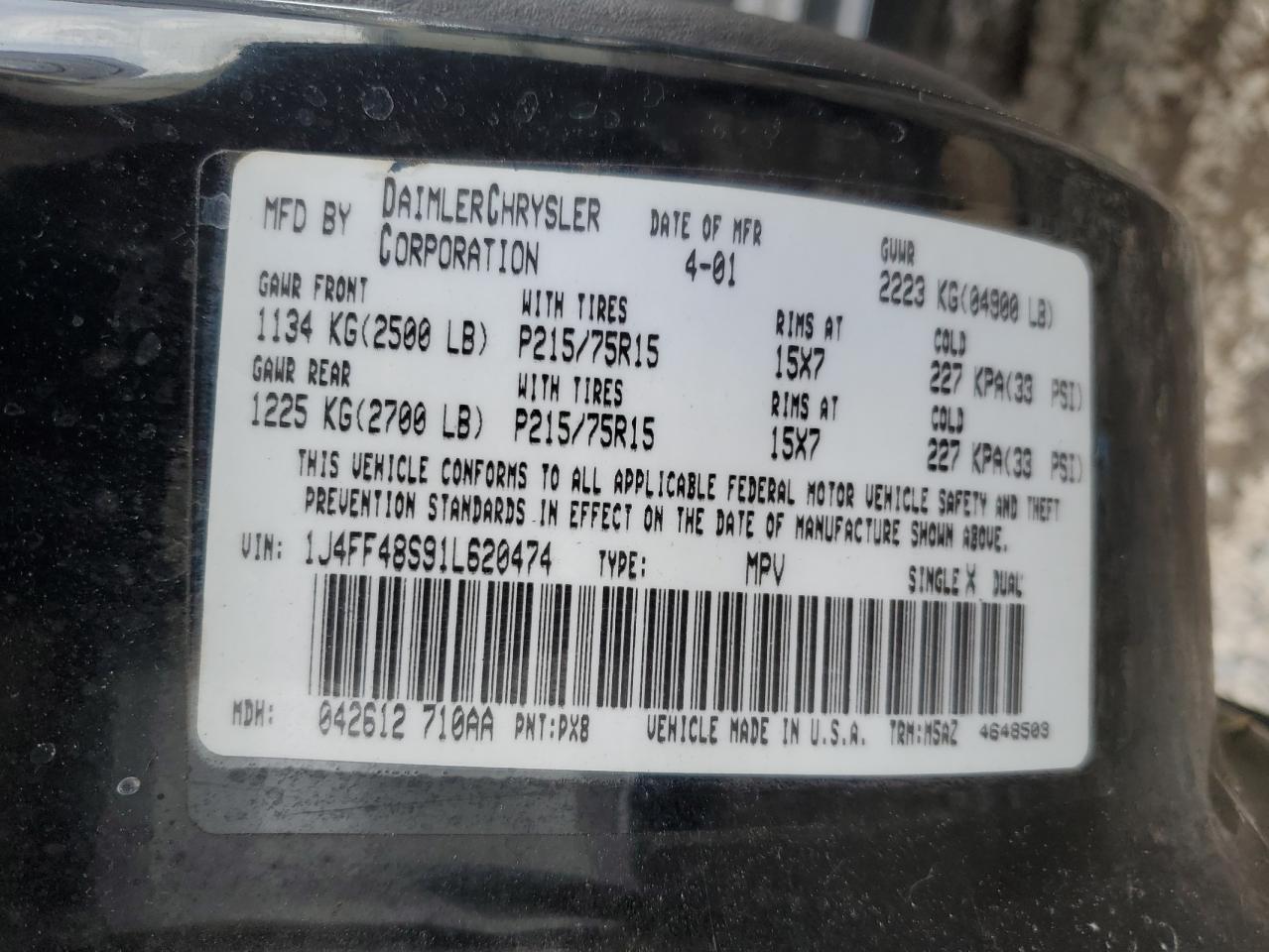 2001 Jeep Cherokee Sport VIN: 1J4FF48S91L620474 Lot: 89845285