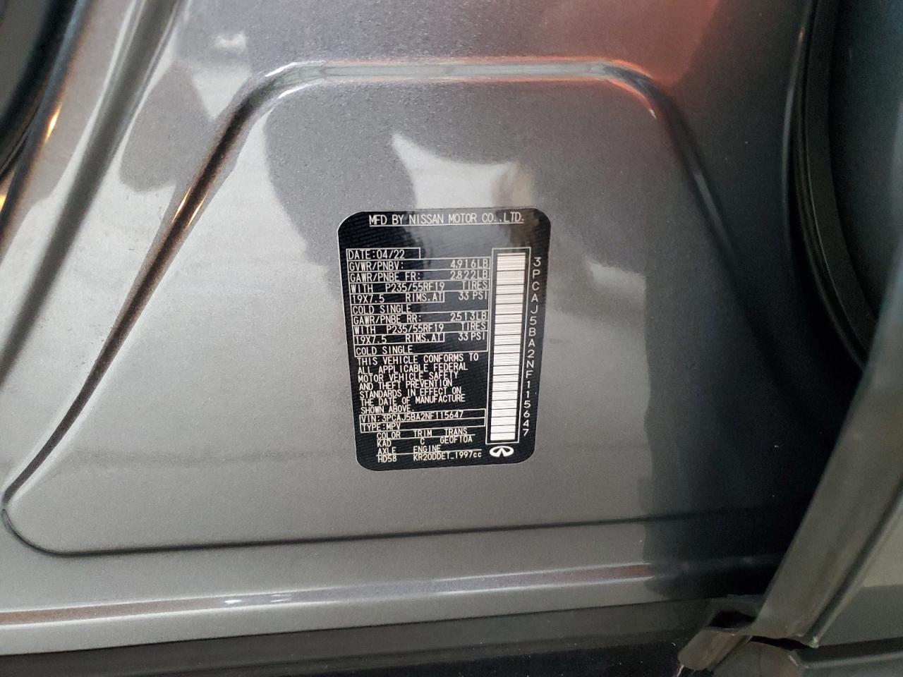 2022 Infiniti Qx50 Luxe VIN: 3PCAJ5BA2NF115647 Lot: 91264815