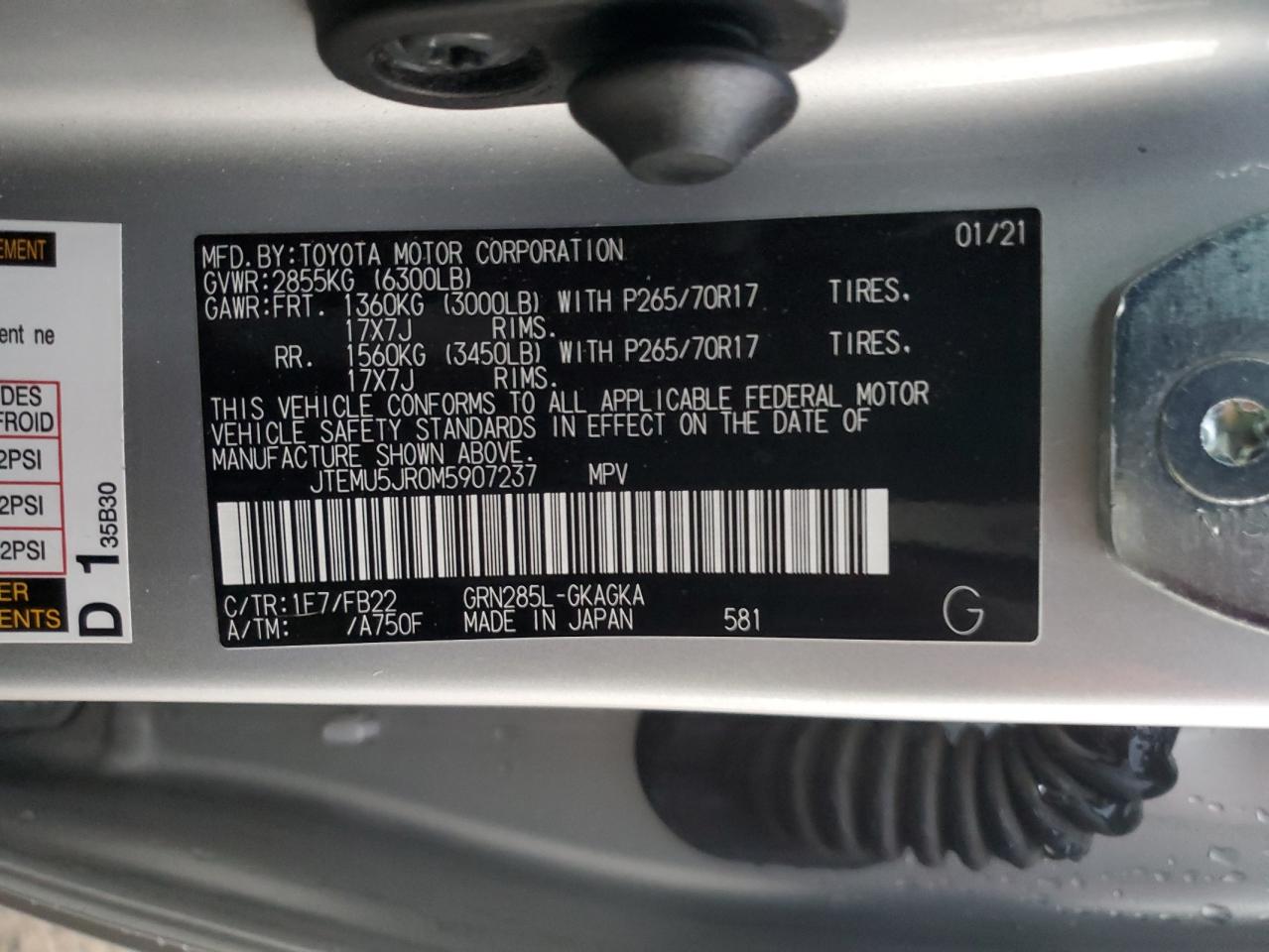 2021 Toyota 4Runner Sr5/Sr5 Premium VIN: JTEMU5JR0M5907237 Lot: 91504635